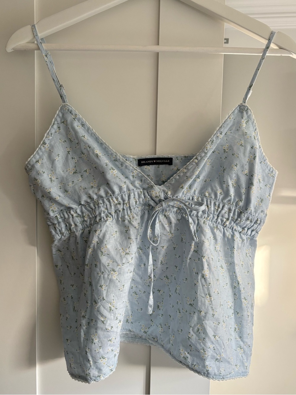Brandy Melville Light Blue Floral Linen Tie-Front Cami
